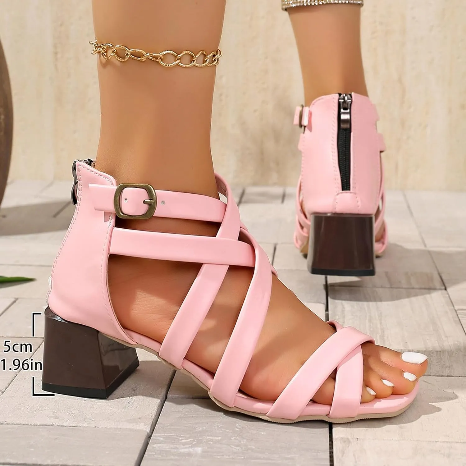 Women's Square Open Toe Chunky Mid Heel Sandals Adjustable Buckle Strap Summer Casual Dressy Slip Comfortable